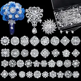 138 Pieces Flower Brooch Bouquet Pins Silver Rhinestone Brooches Diamond Pins for Flowers Crystal Corsages Flower Straight Head Pins Bulk Brooches Jewelry for Crafting Wedding Decor Supplies