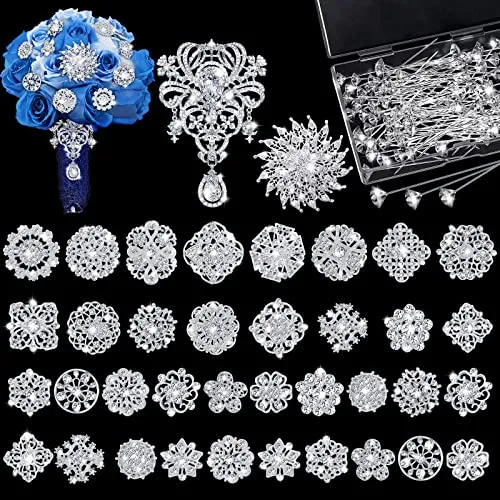 138 Pieces Flower Brooch Bouquet Pins Silver Rhinestone Brooches Diamond Pins for Flowers Crystal Corsages Flower Straight Head Pins Bulk Brooches Jewelry for Crafting Wedding Decor Supplies
