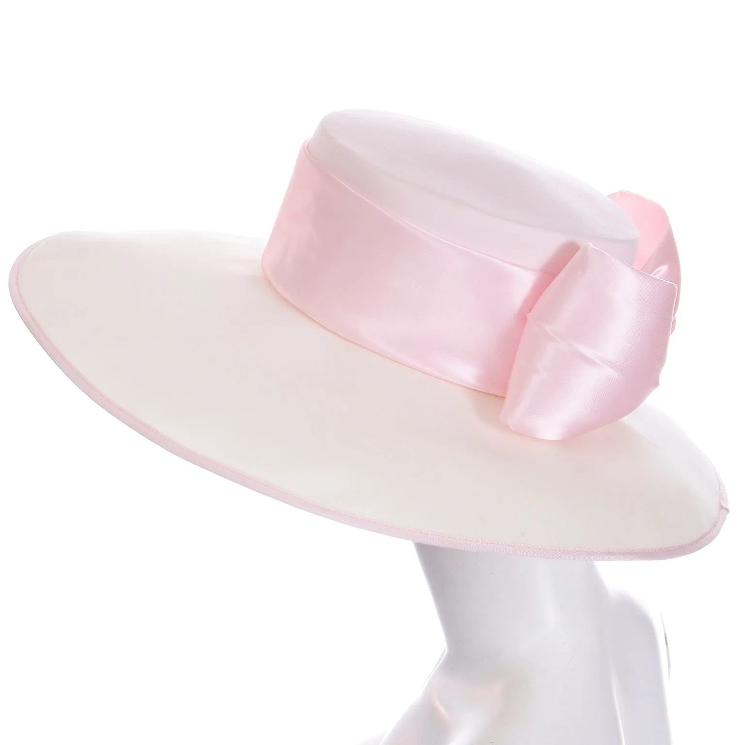 1980s Peter Bettley London Vintage Cream Hat w Pink Ribbon & Bow