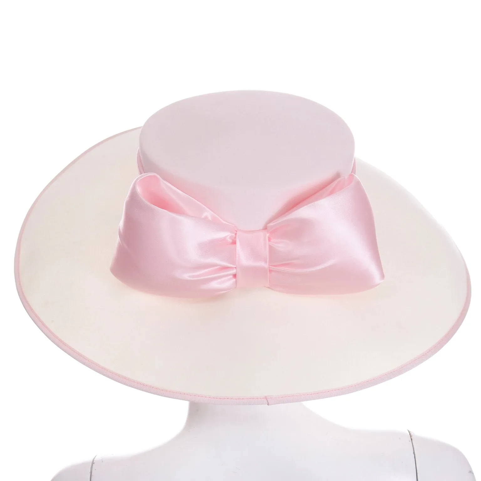 1980s Peter Bettley London Vintage Cream Hat w Pink Ribbon & Bow