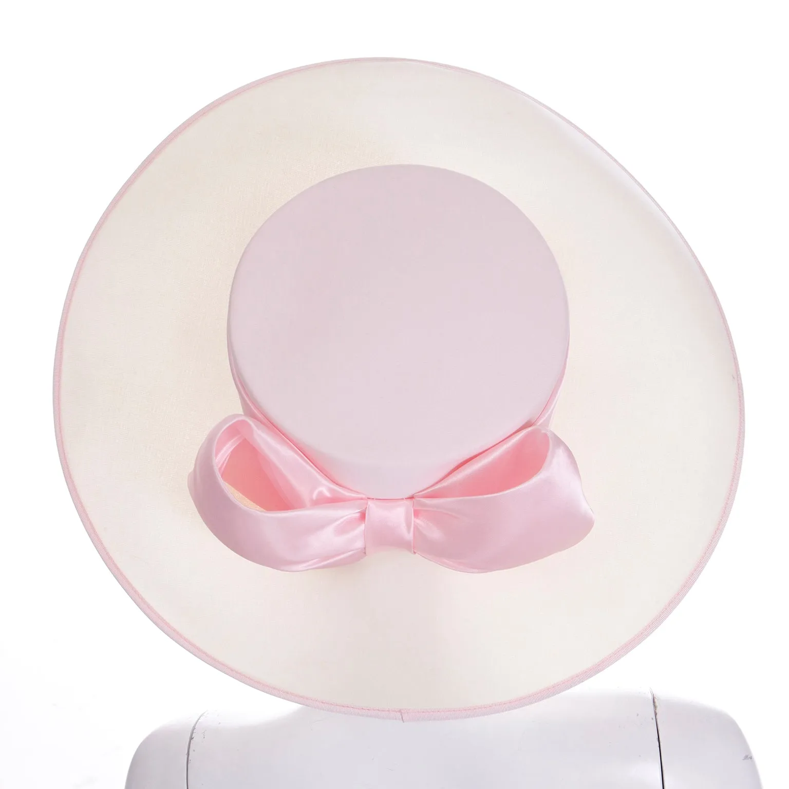 1980s Peter Bettley London Vintage Cream Hat w Pink Ribbon & Bow