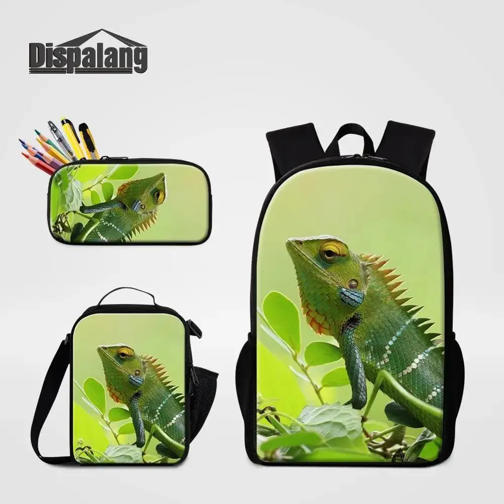 3 Piece Pencil Case School Bags Set Lizard Picnic Food Cooler Lizard Vigilante Reptile Print Schoolbag Boys Fashion Bagpack Children