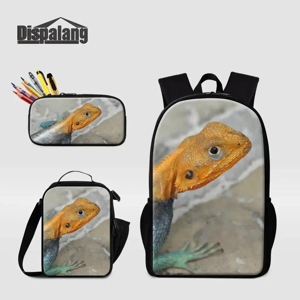 3 Piece Pencil Case School Bags Set Lizard Picnic Food Cooler Lizard Vigilante Reptile Print Schoolbag Boys Fashion Bagpack Children