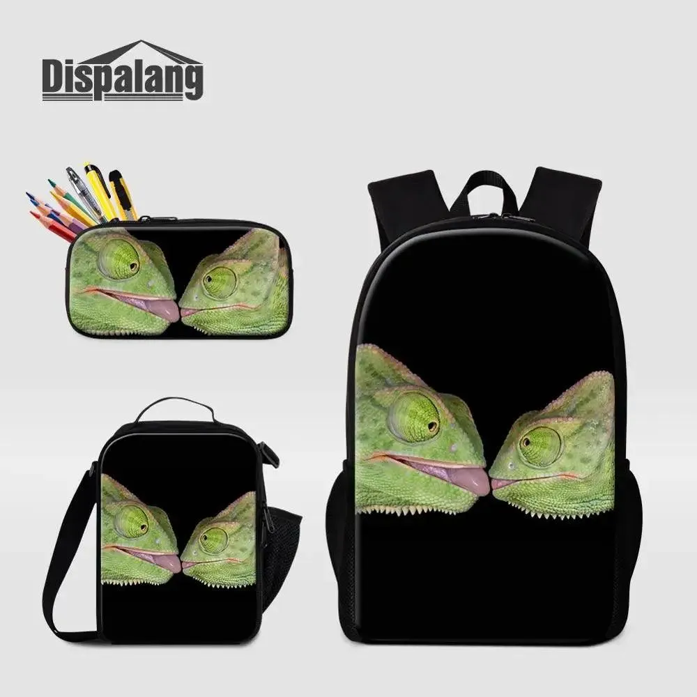 3 Piece Pencil Case School Bags Set Lizard Picnic Food Cooler Lizard Vigilante Reptile Print Schoolbag Boys Fashion Bagpack Children