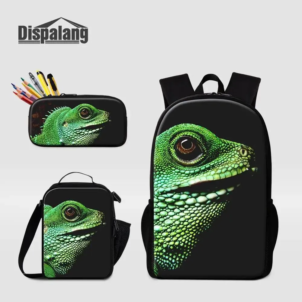 3 Piece Pencil Case School Bags Set Lizard Picnic Food Cooler Lizard Vigilante Reptile Print Schoolbag Boys Fashion Bagpack Children