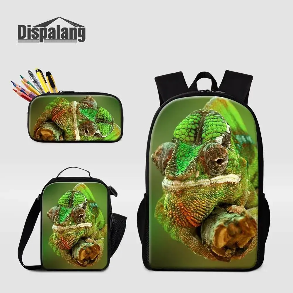 3 Piece Pencil Case School Bags Set Lizard Picnic Food Cooler Lizard Vigilante Reptile Print Schoolbag Boys Fashion Bagpack Children