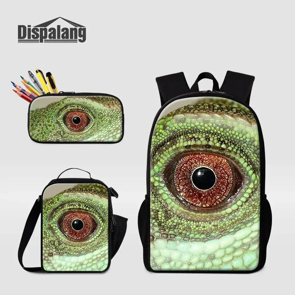 3 Piece Pencil Case School Bags Set Lizard Picnic Food Cooler Lizard Vigilante Reptile Print Schoolbag Boys Fashion Bagpack Children