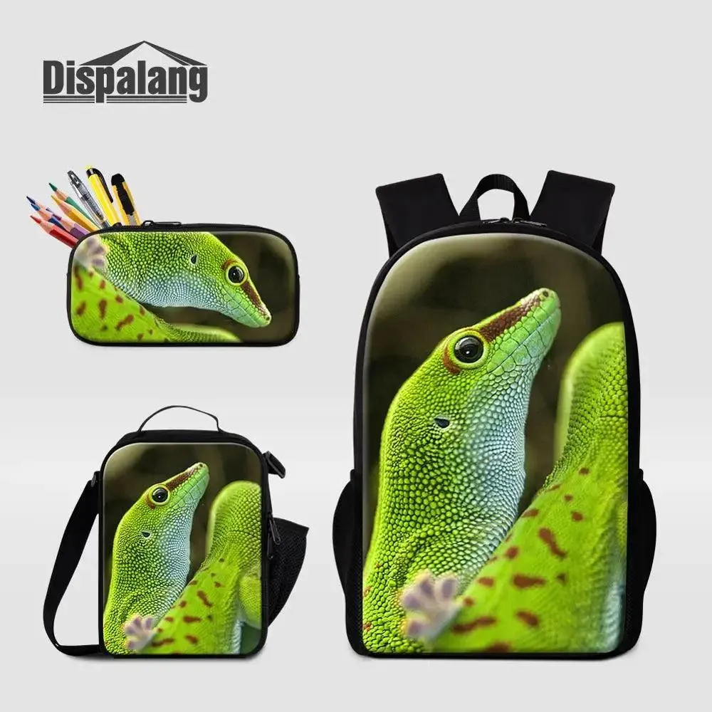 3 Piece Pencil Case School Bags Set Lizard Picnic Food Cooler Lizard Vigilante Reptile Print Schoolbag Boys Fashion Bagpack Children