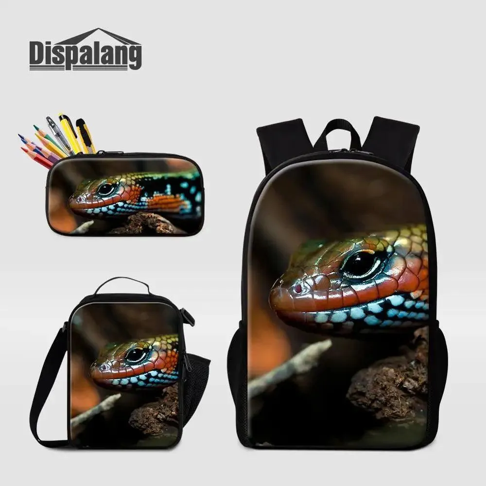 3 Piece Pencil Case School Bags Set Lizard Picnic Food Cooler Lizard Vigilante Reptile Print Schoolbag Boys Fashion Bagpack Children