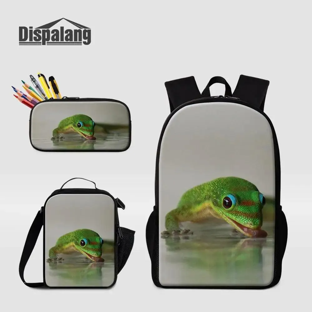 3 Piece Pencil Case School Bags Set Lizard Picnic Food Cooler Lizard Vigilante Reptile Print Schoolbag Boys Fashion Bagpack Children
