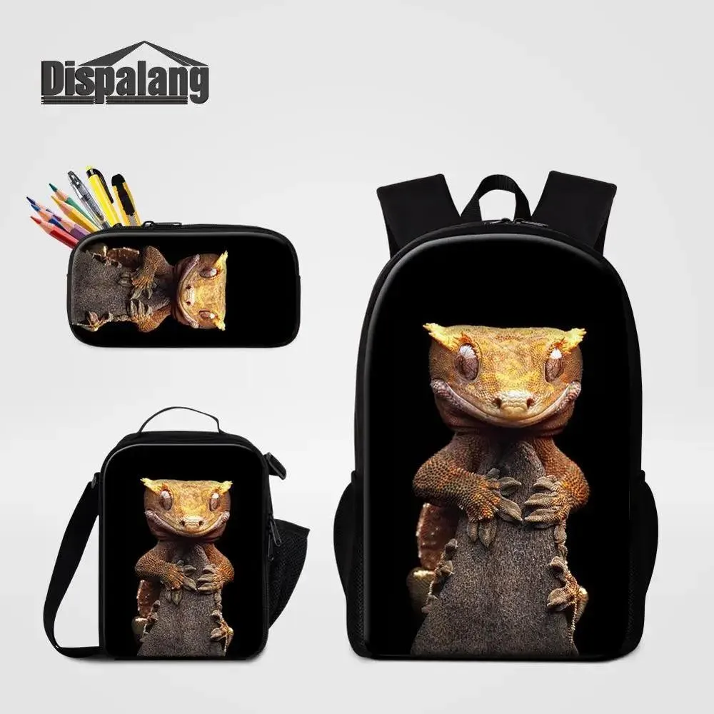 3 Piece Pencil Case School Bags Set Lizard Picnic Food Cooler Lizard Vigilante Reptile Print Schoolbag Boys Fashion Bagpack Children