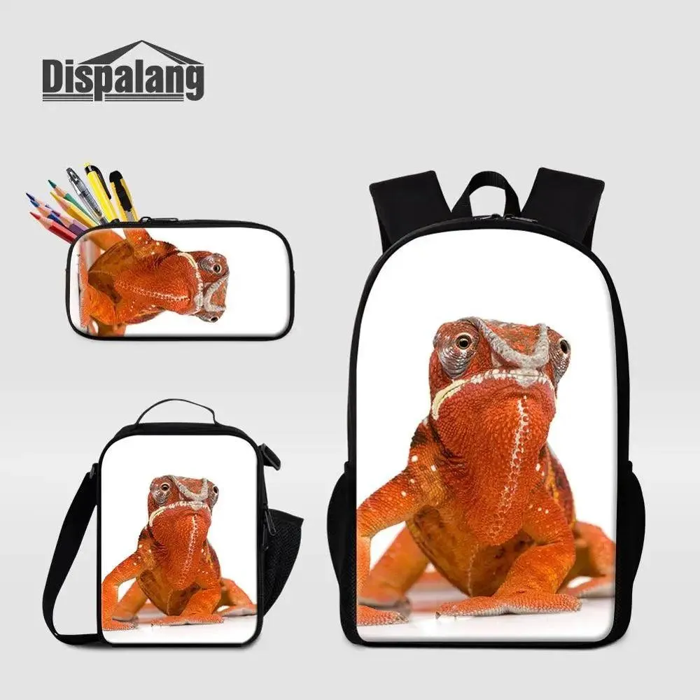 3 Piece Pencil Case School Bags Set Lizard Picnic Food Cooler Lizard Vigilante Reptile Print Schoolbag Boys Fashion Bagpack Children
