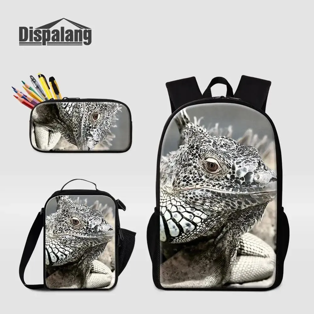 3 Piece Pencil Case School Bags Set Lizard Picnic Food Cooler Lizard Vigilante Reptile Print Schoolbag Boys Fashion Bagpack Children
