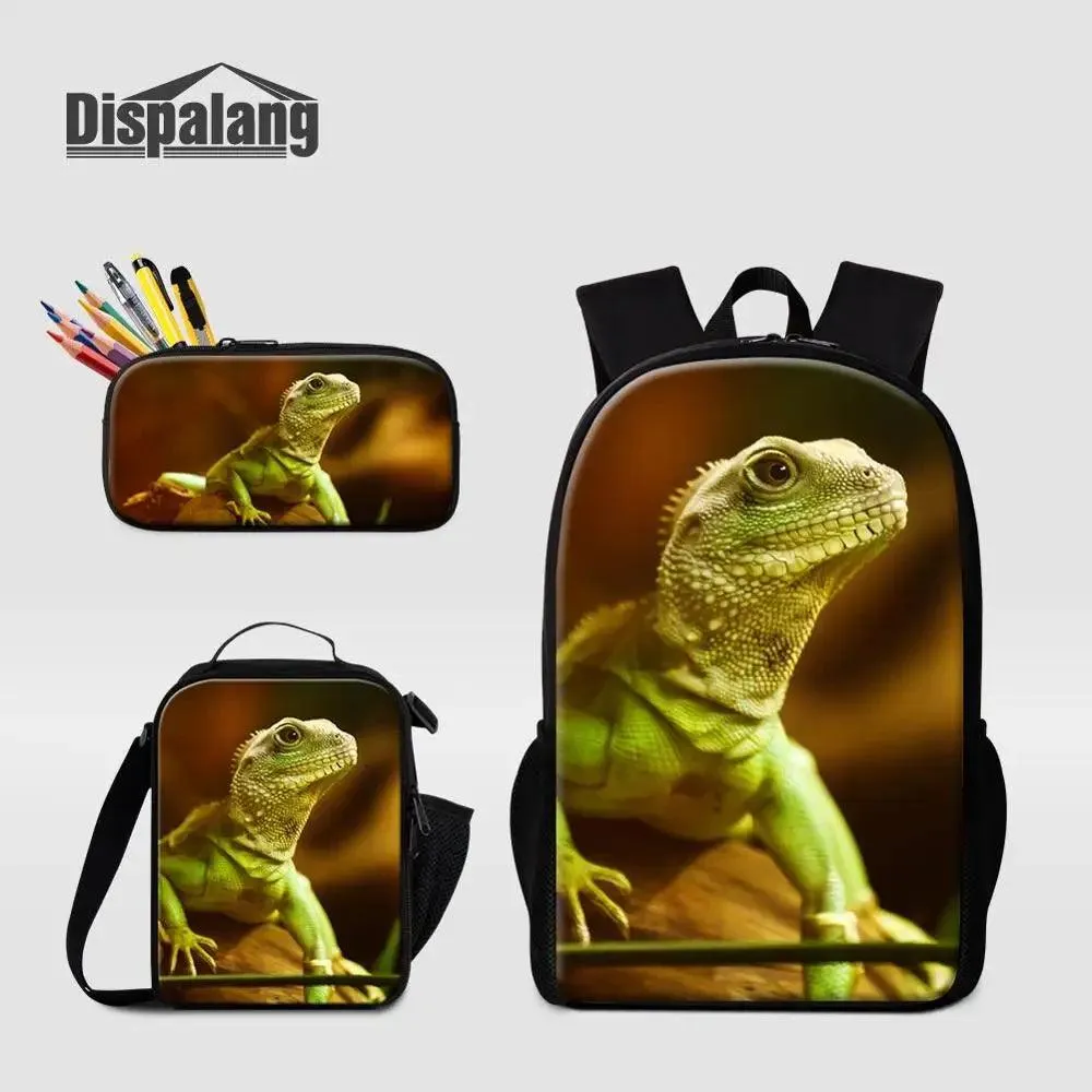 3 Piece Pencil Case School Bags Set Lizard Picnic Food Cooler Lizard Vigilante Reptile Print Schoolbag Boys Fashion Bagpack Children