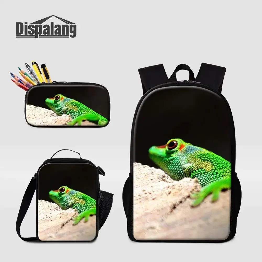 3 Piece Pencil Case School Bags Set Lizard Picnic Food Cooler Lizard Vigilante Reptile Print Schoolbag Boys Fashion Bagpack Children