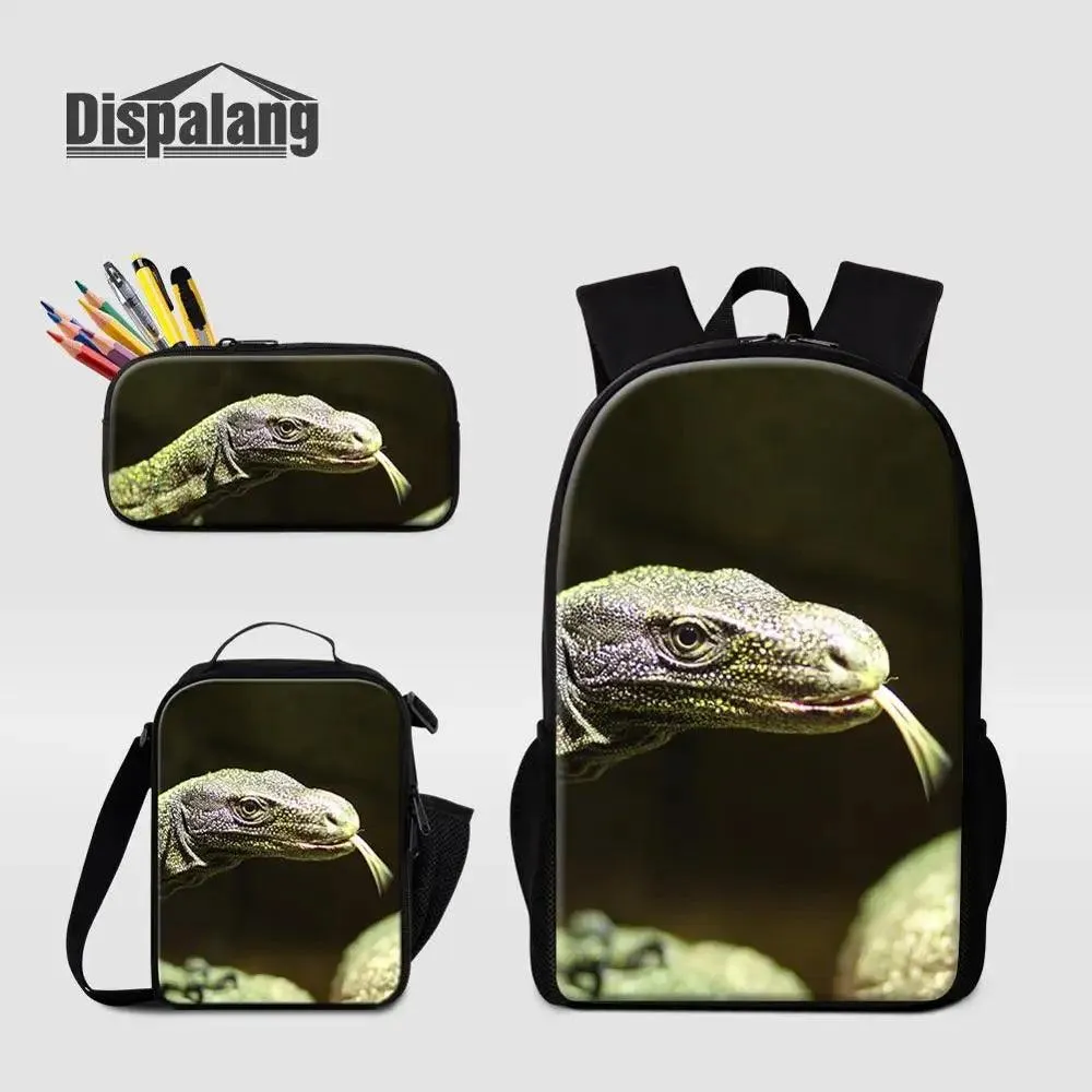 3 Piece Pencil Case School Bags Set Lizard Picnic Food Cooler Lizard Vigilante Reptile Print Schoolbag Boys Fashion Bagpack Children