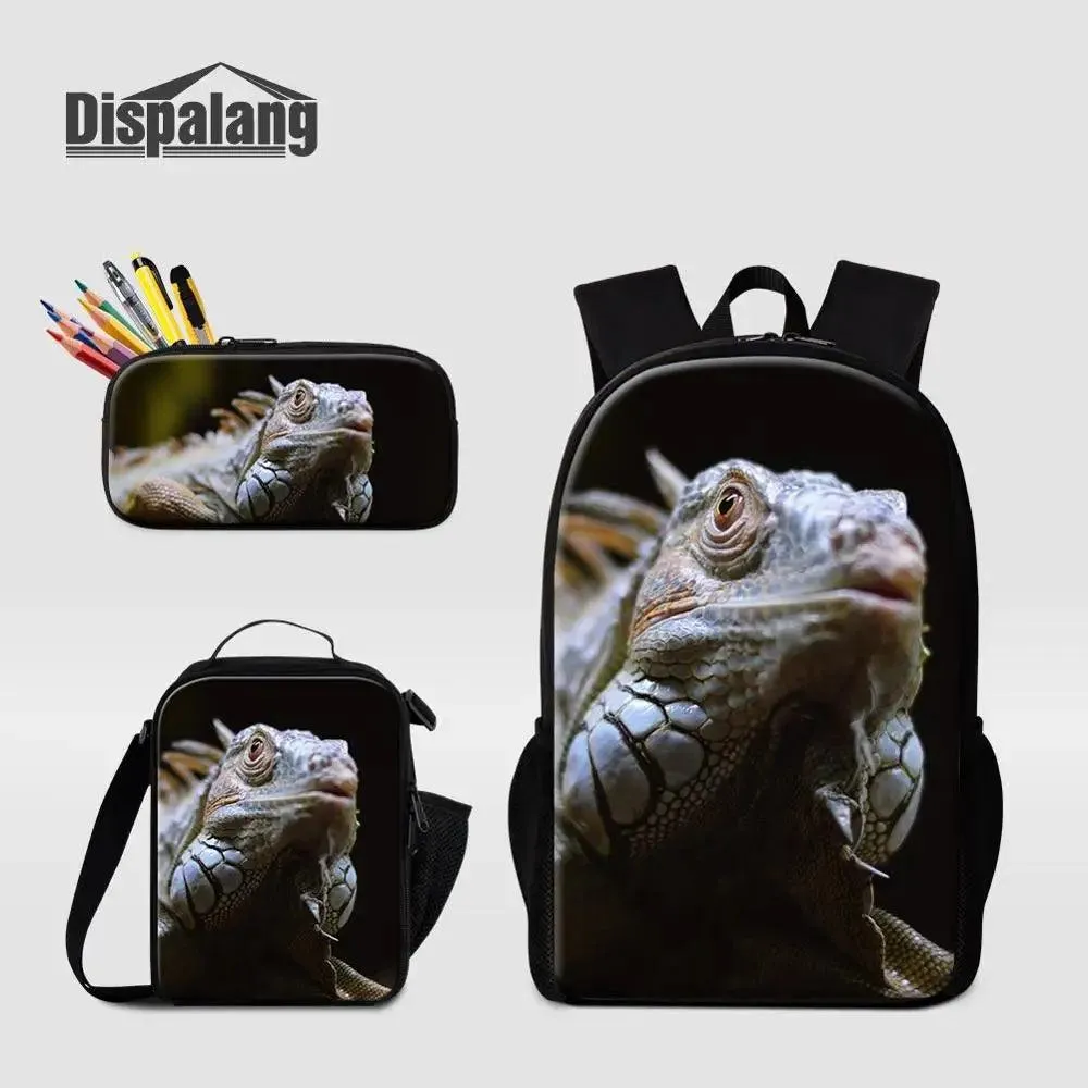 3 Piece Pencil Case School Bags Set Lizard Picnic Food Cooler Lizard Vigilante Reptile Print Schoolbag Boys Fashion Bagpack Children