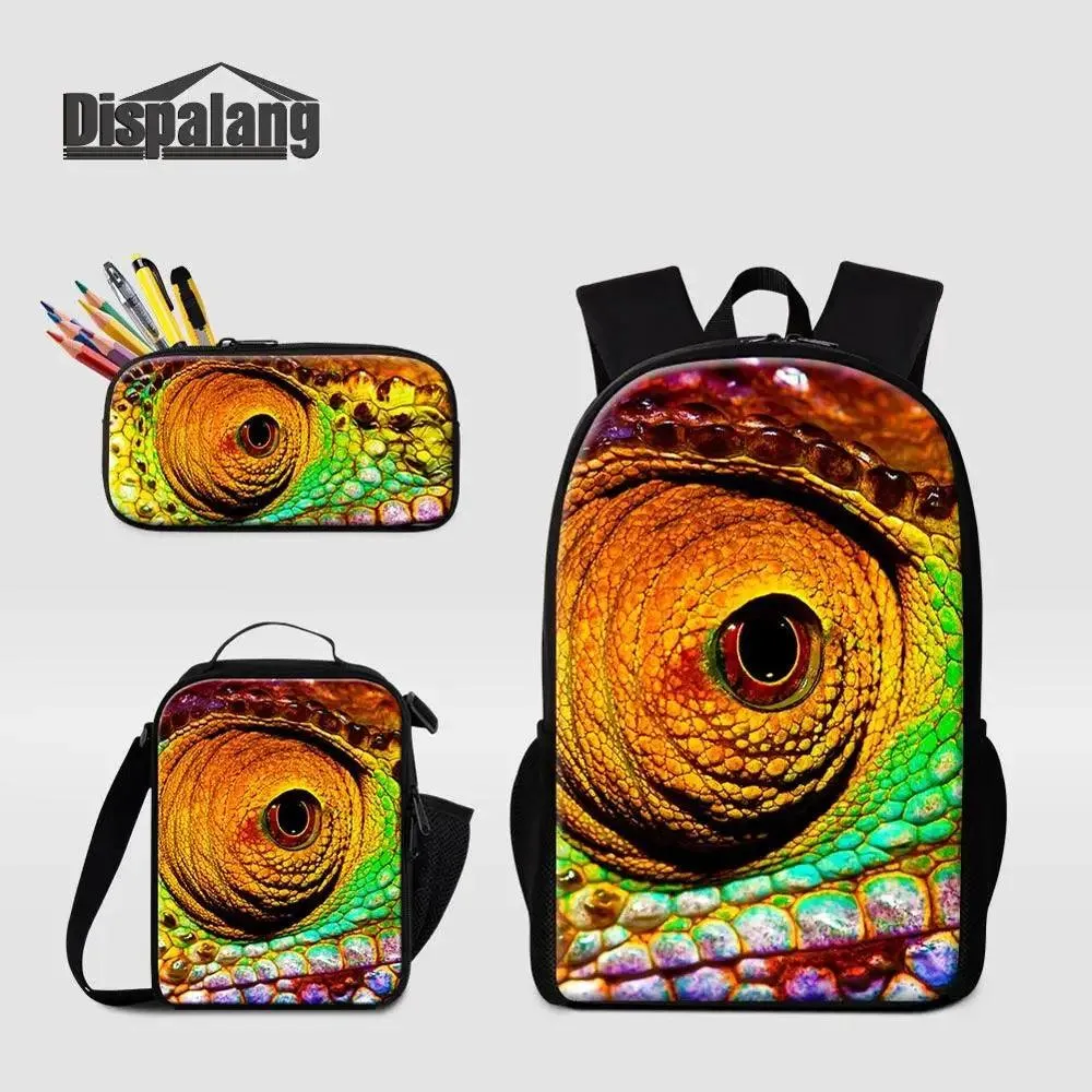3 Piece Pencil Case School Bags Set Lizard Picnic Food Cooler Lizard Vigilante Reptile Print Schoolbag Boys Fashion Bagpack Children