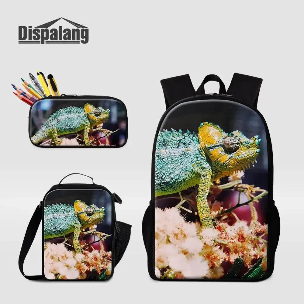 3 Piece Pencil Case School Bags Set Lizard Picnic Food Cooler Lizard Vigilante Reptile Print Schoolbag Boys Fashion Bagpack Children