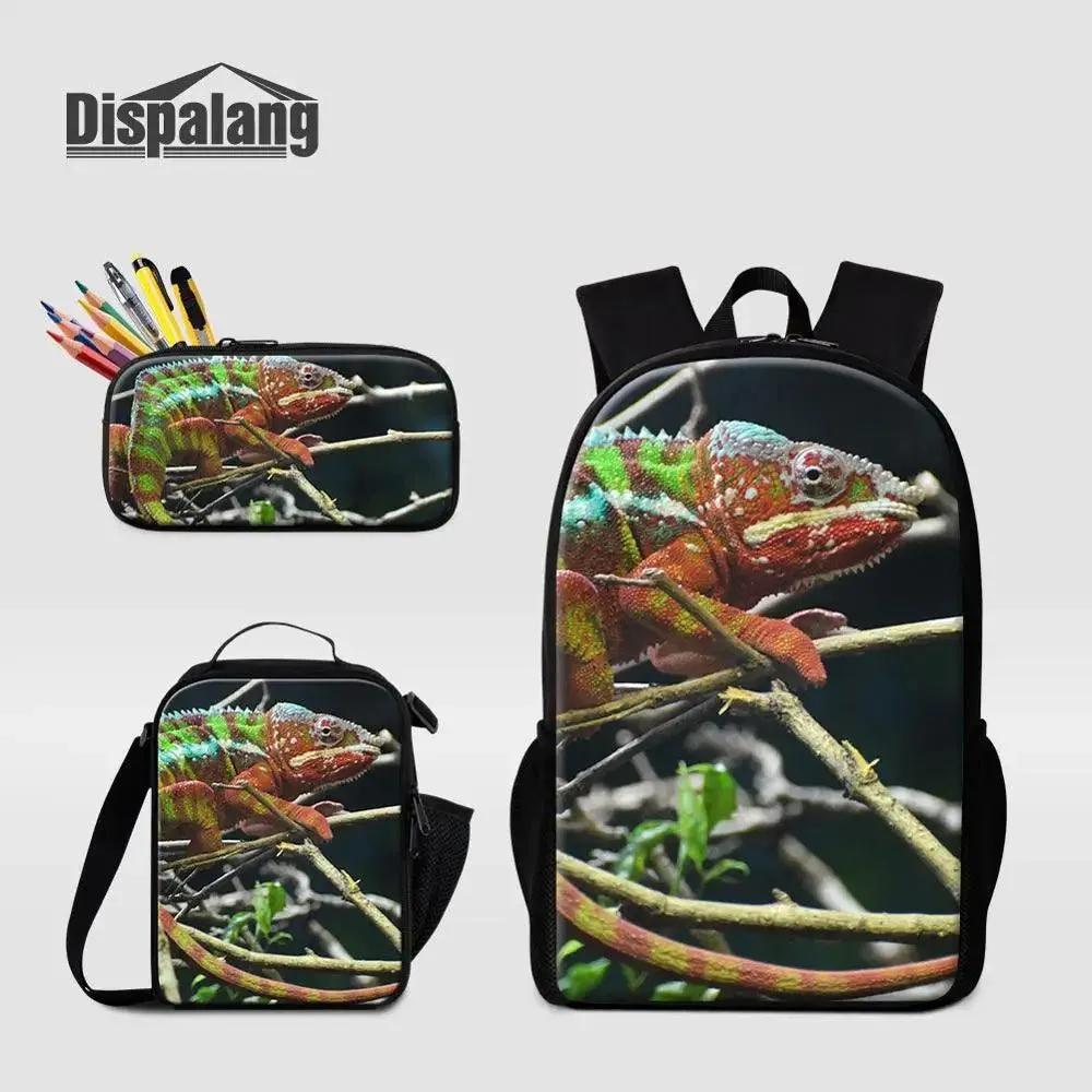 3 Piece Pencil Case School Bags Set Lizard Picnic Food Cooler Lizard Vigilante Reptile Print Schoolbag Boys Fashion Bagpack Children