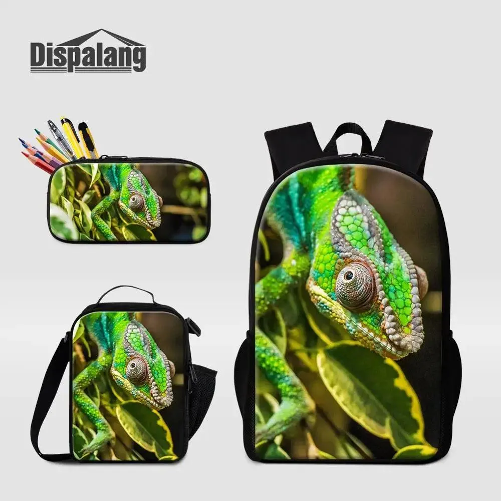 3 Piece Pencil Case School Bags Set Lizard Picnic Food Cooler Lizard Vigilante Reptile Print Schoolbag Boys Fashion Bagpack Children