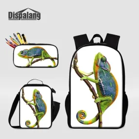 3 Piece Pencil Case School Bags Set Lizard Picnic Food Cooler Lizard Vigilante Reptile Print Schoolbag Boys Fashion Bagpack Children