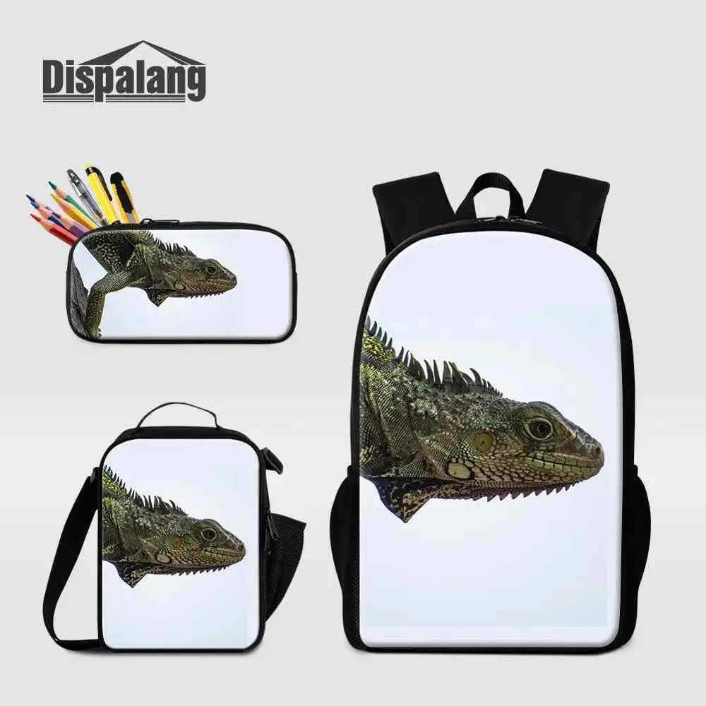 3 Piece Pencil Case School Bags Set Lizard Picnic Food Cooler Lizard Vigilante Reptile Print Schoolbag Boys Fashion Bagpack Children