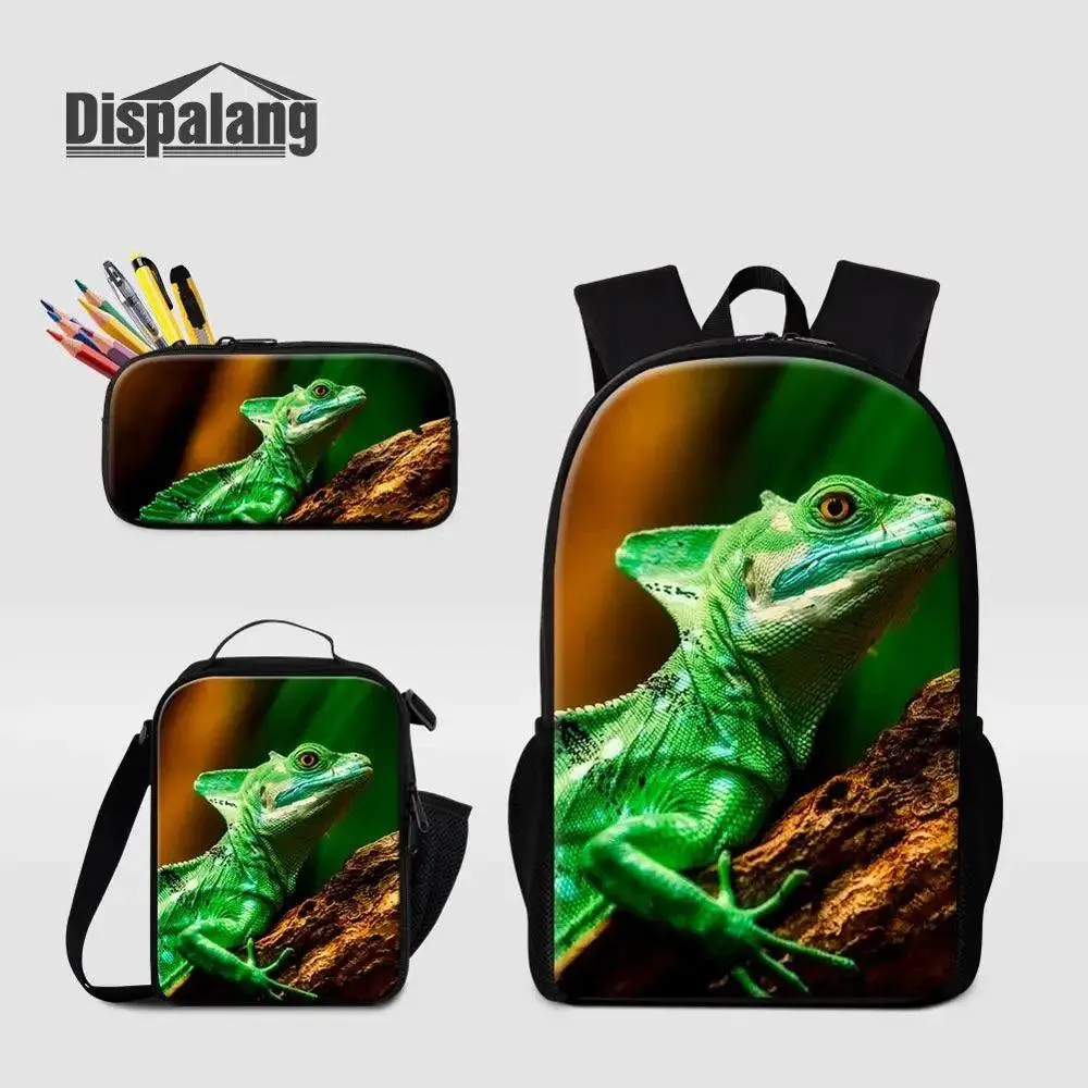 3 Piece Pencil Case School Bags Set Lizard Picnic Food Cooler Lizard Vigilante Reptile Print Schoolbag Boys Fashion Bagpack Children