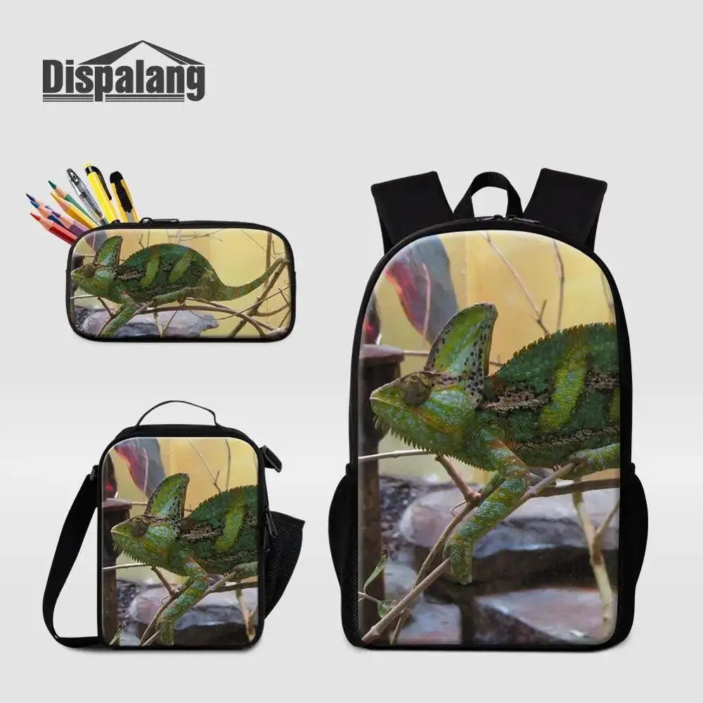3 Piece Pencil Case School Bags Set Lizard Picnic Food Cooler Lizard Vigilante Reptile Print Schoolbag Boys Fashion Bagpack Children