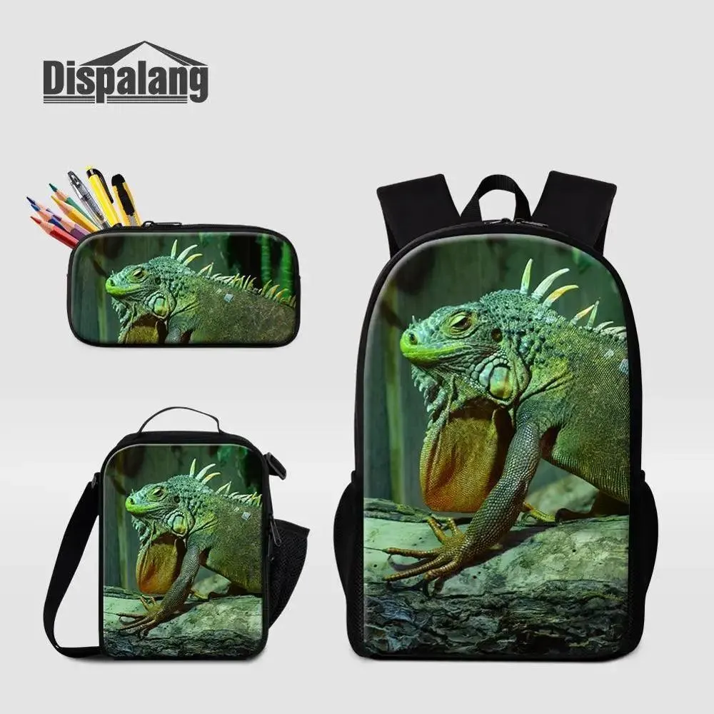 3 Piece Pencil Case School Bags Set Lizard Picnic Food Cooler Lizard Vigilante Reptile Print Schoolbag Boys Fashion Bagpack Children