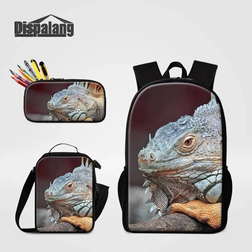 3 Piece Pencil Case School Bags Set Lizard Picnic Food Cooler Lizard Vigilante Reptile Print Schoolbag Boys Fashion Bagpack Children