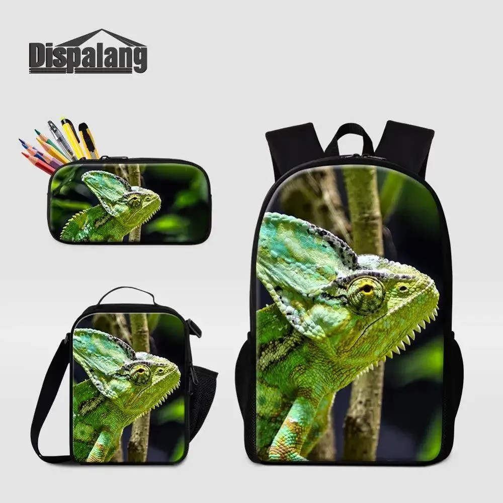 3 Piece Pencil Case School Bags Set Lizard Picnic Food Cooler Lizard Vigilante Reptile Print Schoolbag Boys Fashion Bagpack Children
