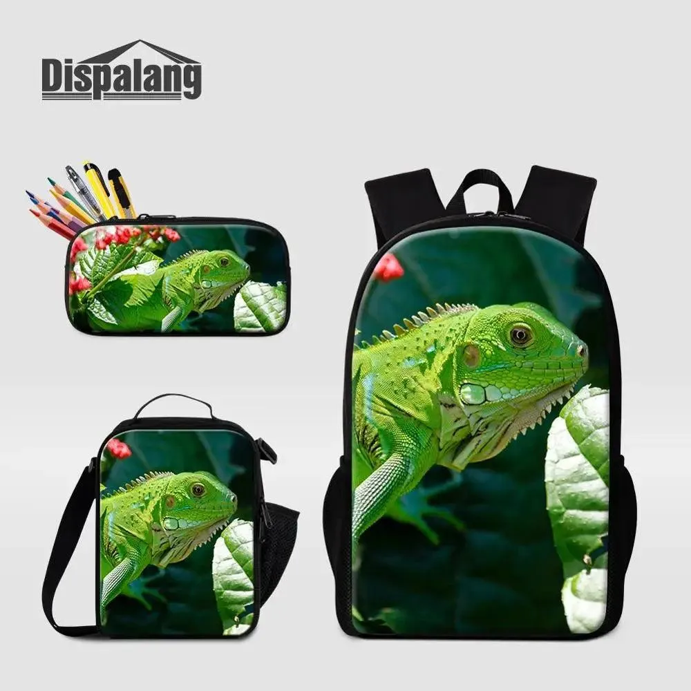 3 Piece Pencil Case School Bags Set Lizard Picnic Food Cooler Lizard Vigilante Reptile Print Schoolbag Boys Fashion Bagpack Children