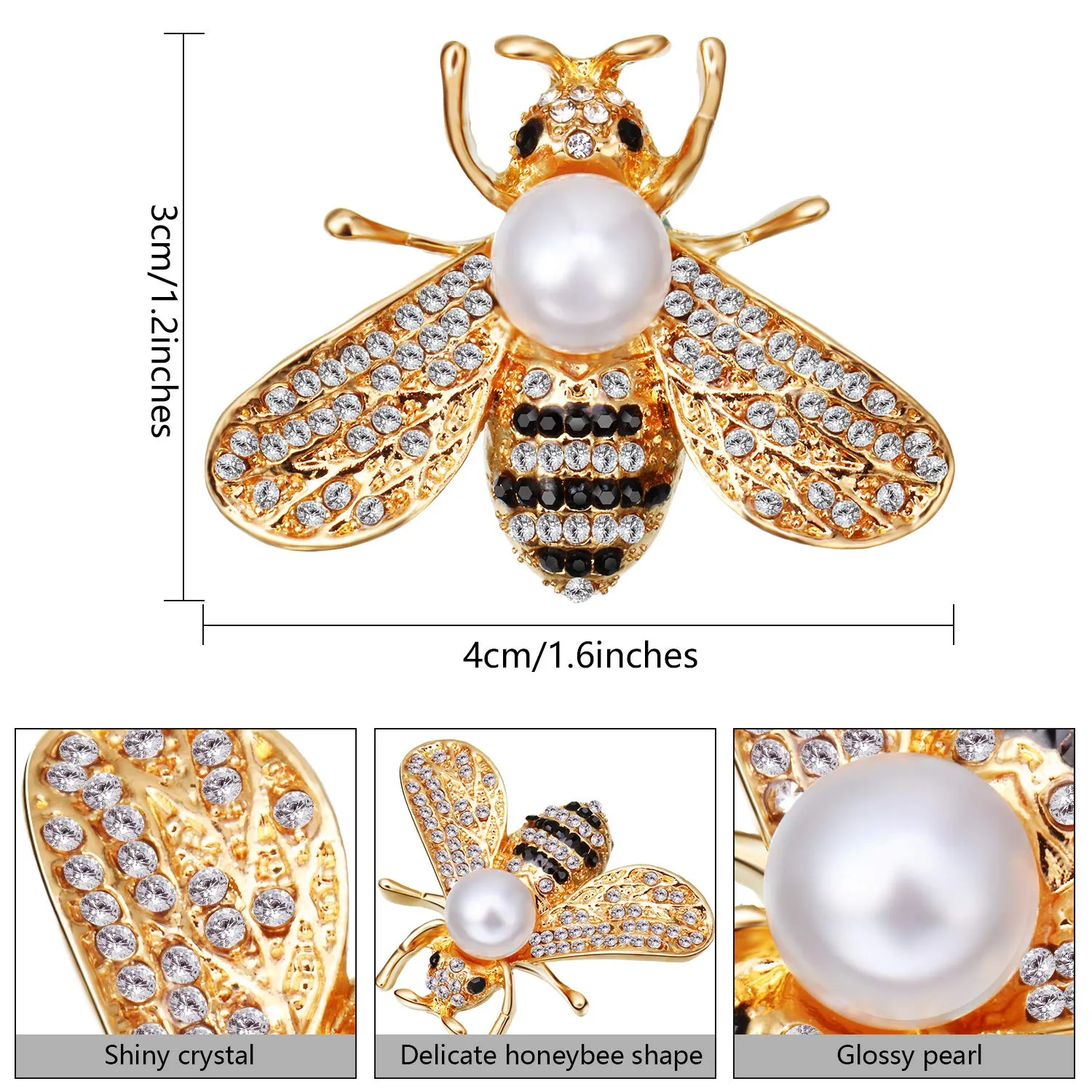 4 Pieces Honey Bee Brooch Lapel Pins for Women Crystal Insect Themed Bee Brooches with Faux Pearl Fashion Gift for Birthday Dating Party Anniversary