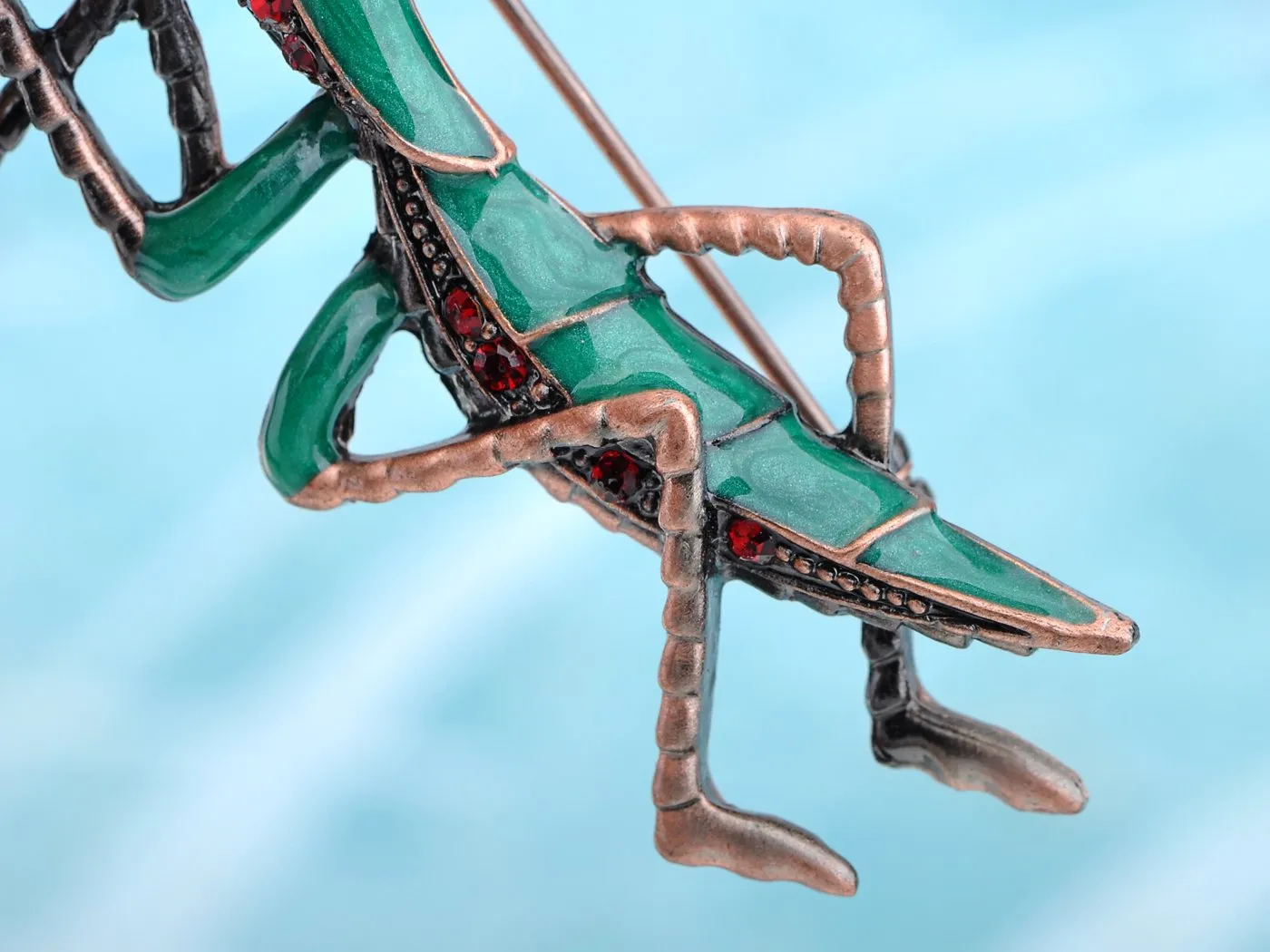 Alilang Copper Tone Ruby Red Colored Rhinestones Green Mantis Insect Brooch Pin