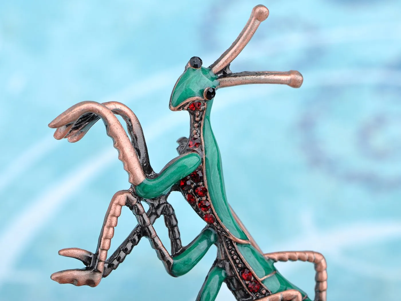 Alilang Copper Tone Ruby Red Colored Rhinestones Green Mantis Insect Brooch Pin