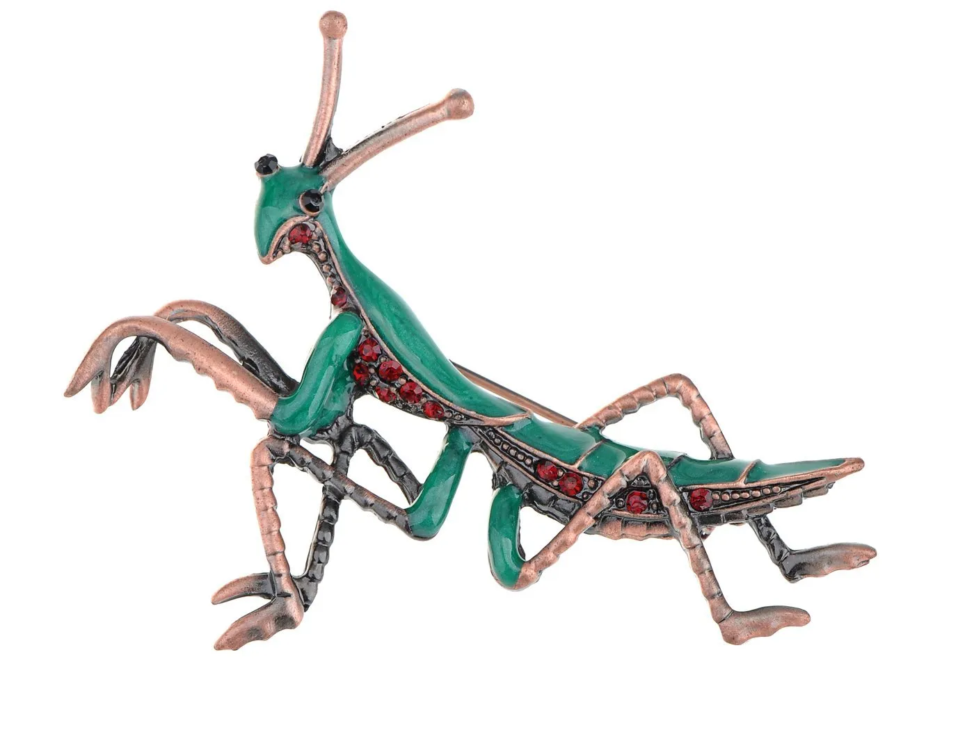 Alilang Copper Tone Ruby Red Colored Rhinestones Green Mantis Insect Brooch Pin