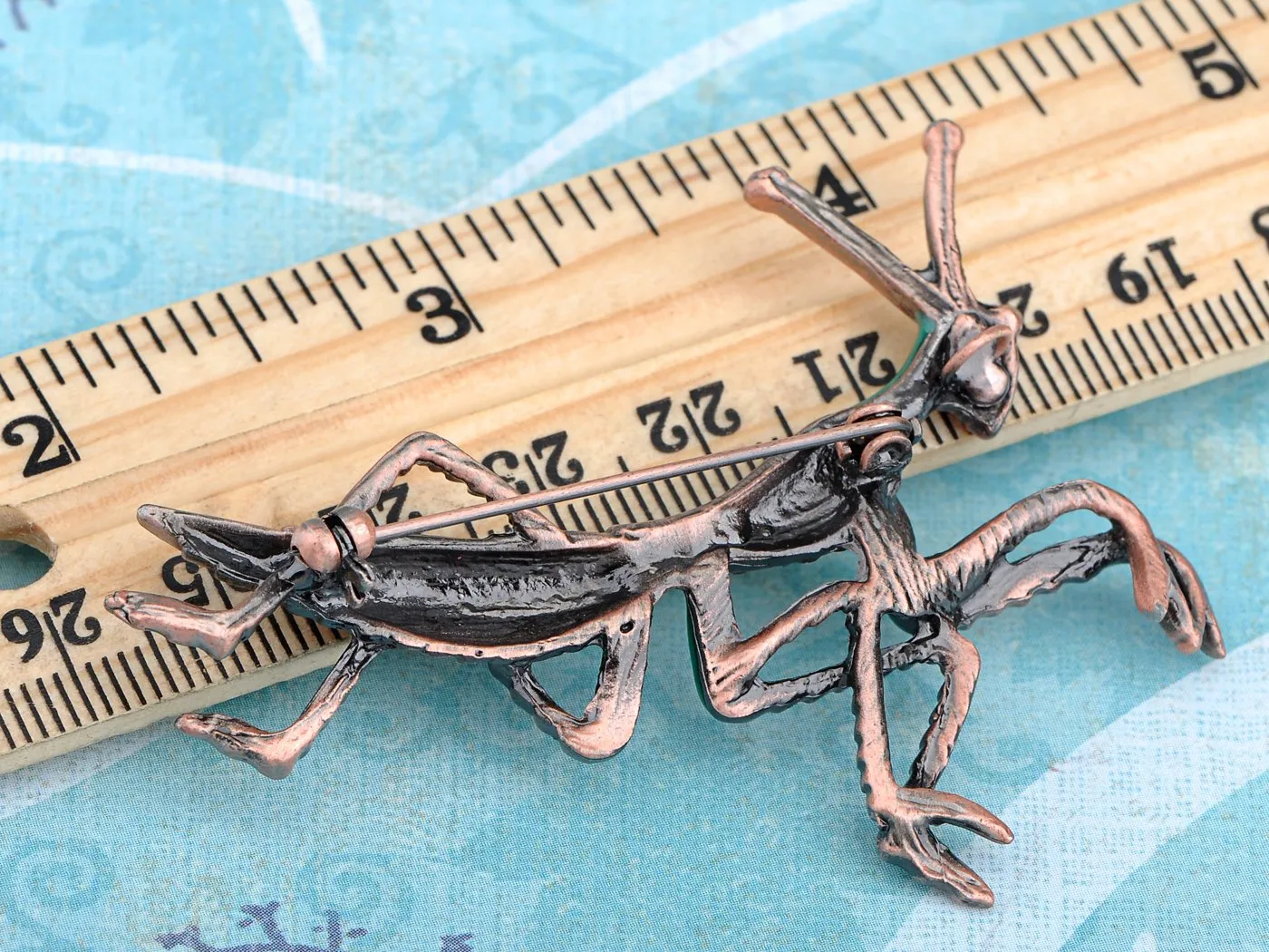 Alilang Copper Tone Ruby Red Colored Rhinestones Green Mantis Insect Brooch Pin