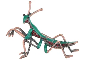 Alilang Copper Tone Ruby Red Colored Rhinestones Green Mantis Insect Brooch Pin