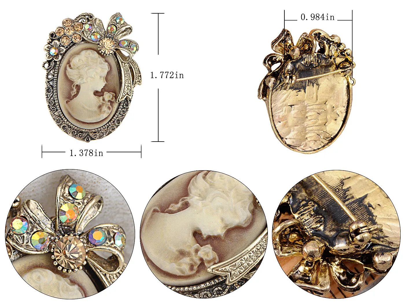 Alilang Vintage Inspired Crystal Rhinestone Victorian Lady Cameo Brooch Pin Maiden Flower Ribbon Bow Pendant Gold