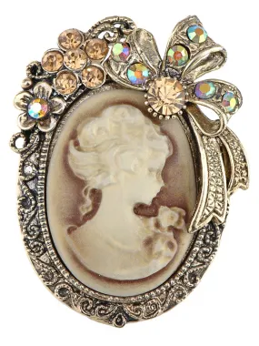 Alilang Vintage Inspired Crystal Rhinestone Victorian Lady Cameo Brooch Pin Maiden Flower Ribbon Bow Pendant Gold