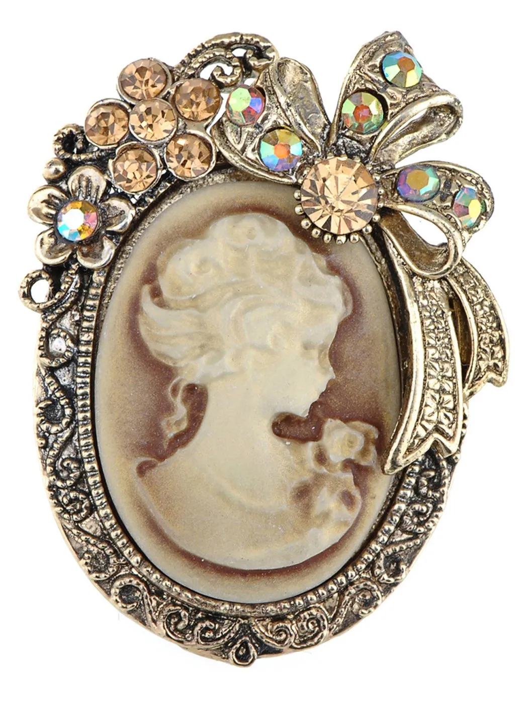 Alilang Vintage Inspired Crystal Rhinestone Victorian Lady Cameo Brooch Pin Maiden Flower Ribbon Bow Pendant Gold