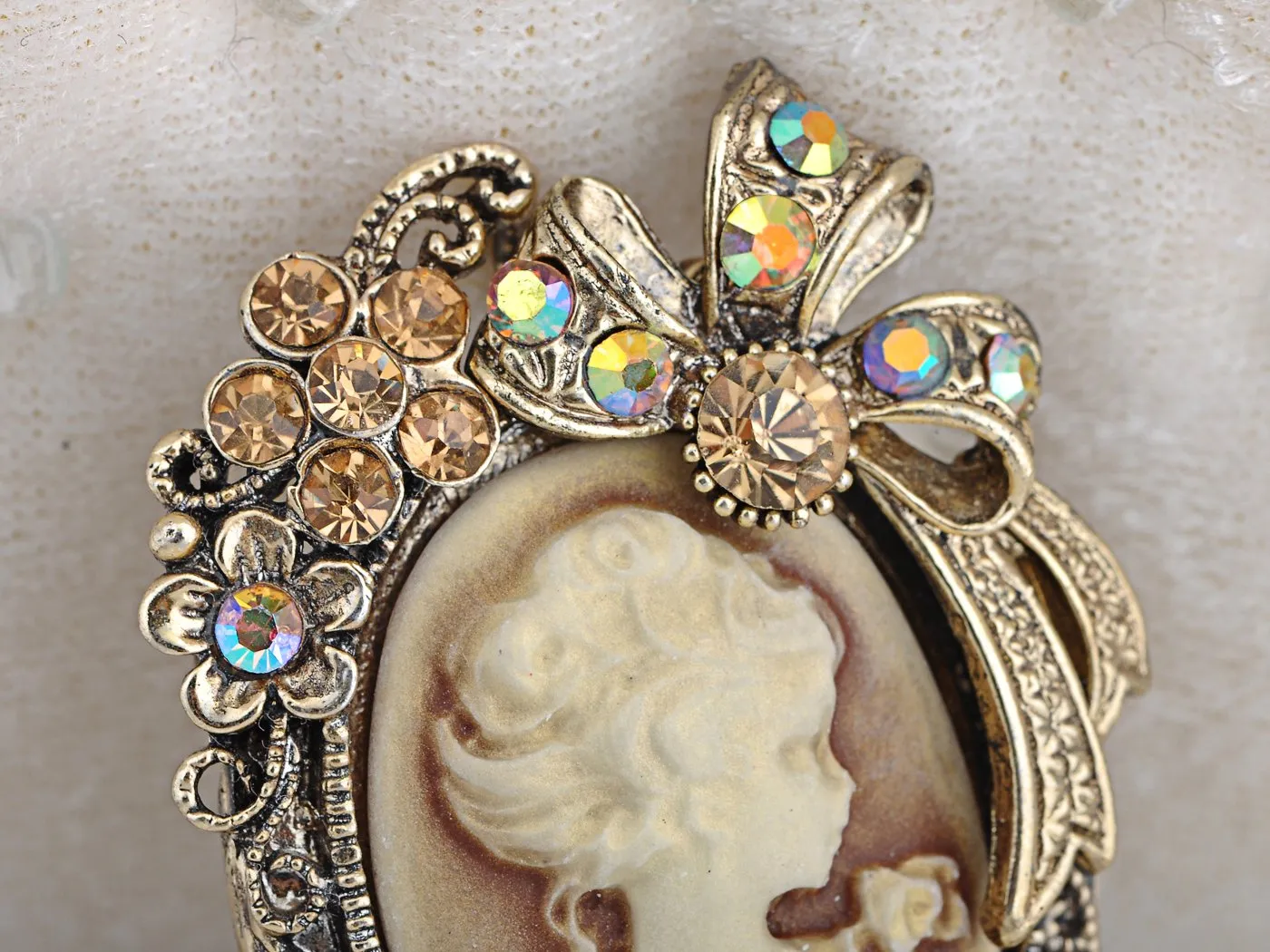 Alilang Vintage Inspired Crystal Rhinestone Victorian Lady Cameo Brooch Pin Maiden Flower Ribbon Bow Pendant Gold