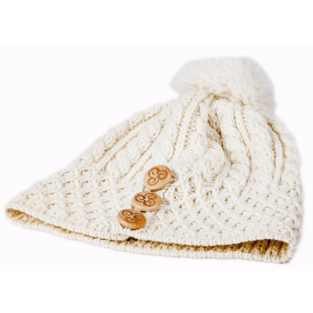 Aran 3 Button Merino Hat White One Size