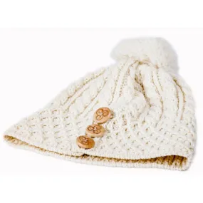 Aran 3 Button Merino Hat White One Size