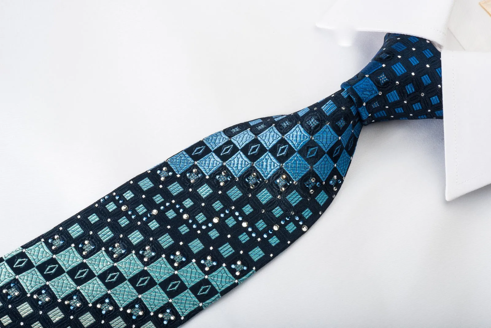 Arnold Palmer Rhinestone Silk Necktie Checkered On Blue With Silver Sparkles