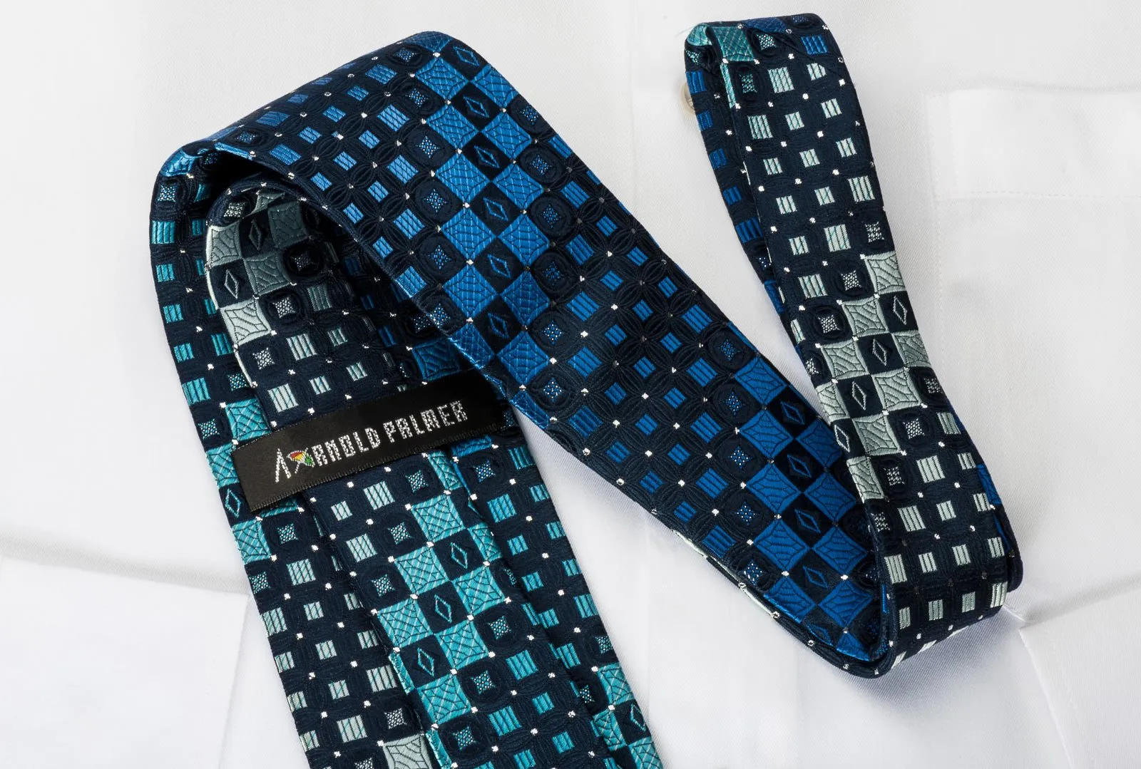 Arnold Palmer Rhinestone Silk Necktie Checkered On Blue With Silver Sparkles
