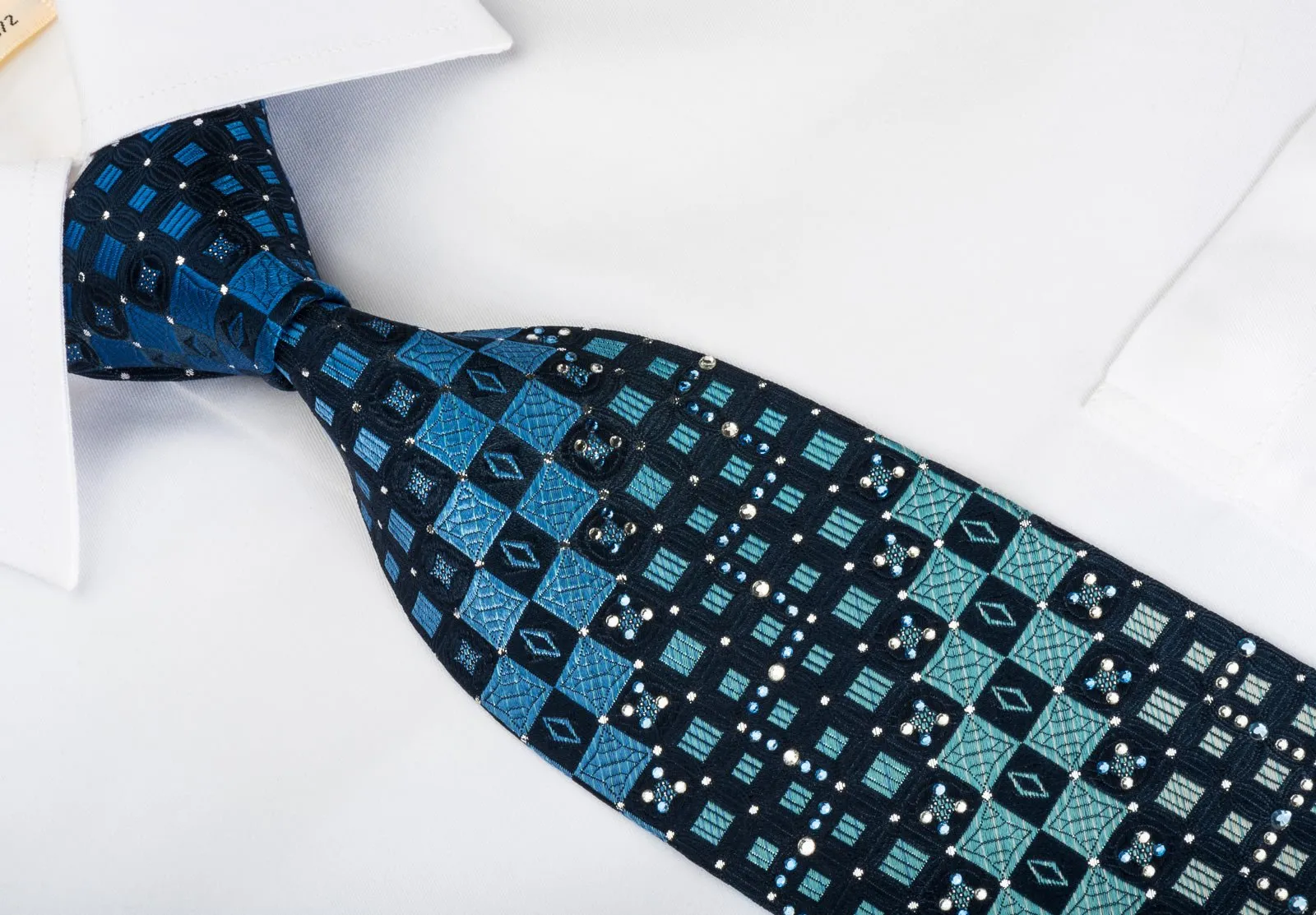 Arnold Palmer Rhinestone Silk Necktie Checkered On Blue With Silver Sparkles
