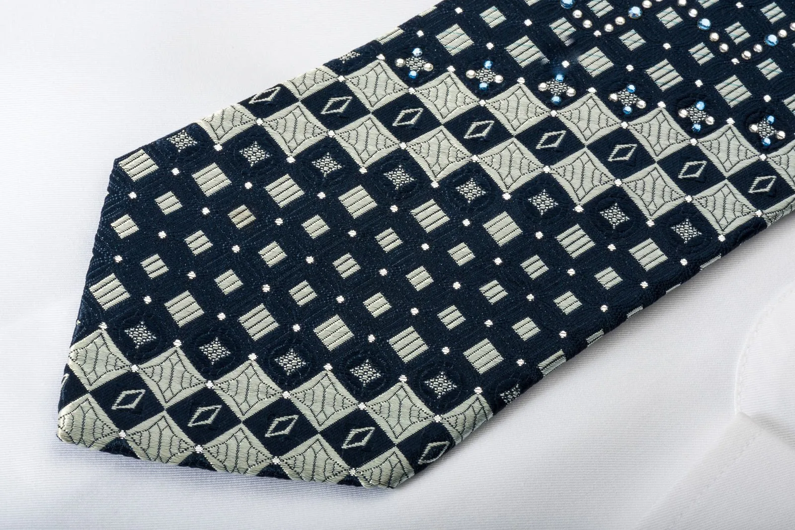 Arnold Palmer Rhinestone Silk Necktie Checkered On Blue With Silver Sparkles