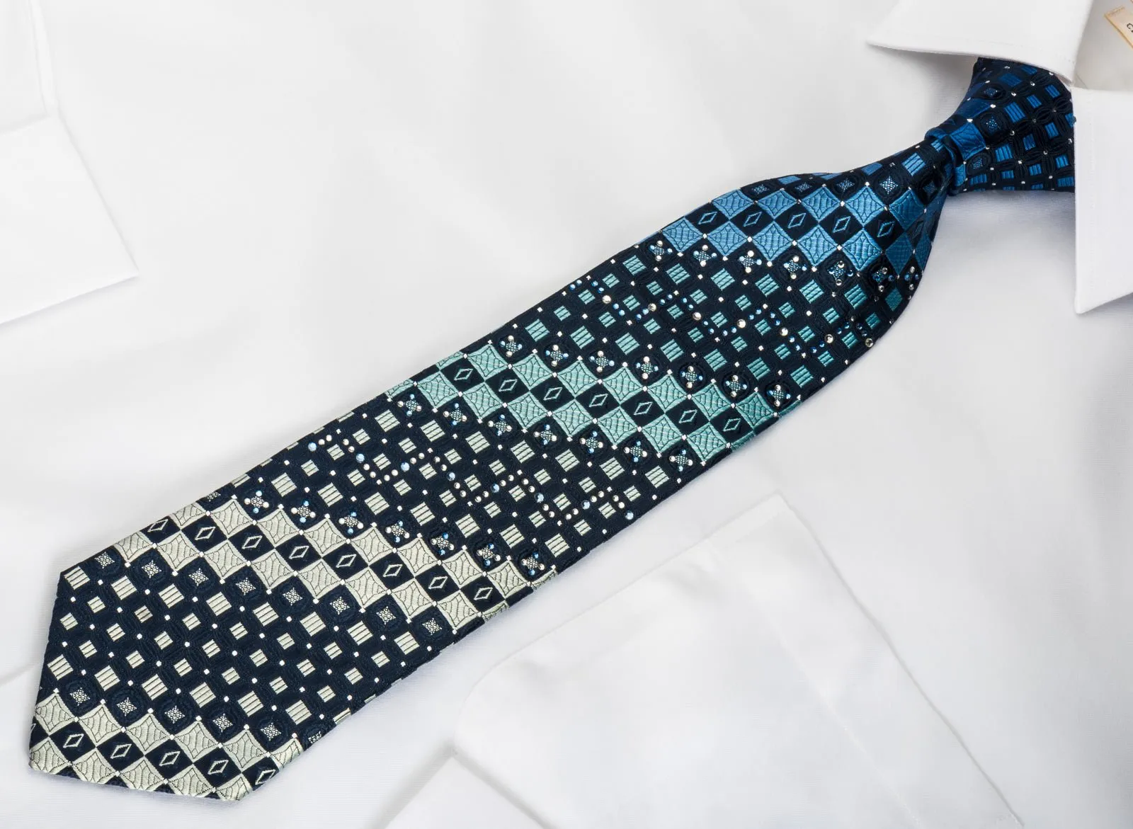 Arnold Palmer Rhinestone Silk Necktie Checkered On Blue With Silver Sparkles